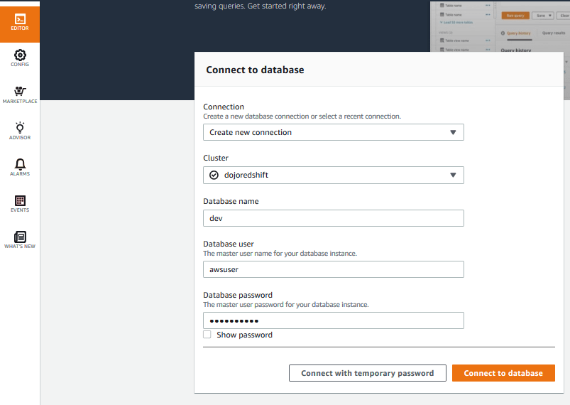 Amazon Redshift Data Lake Export - Connect to database